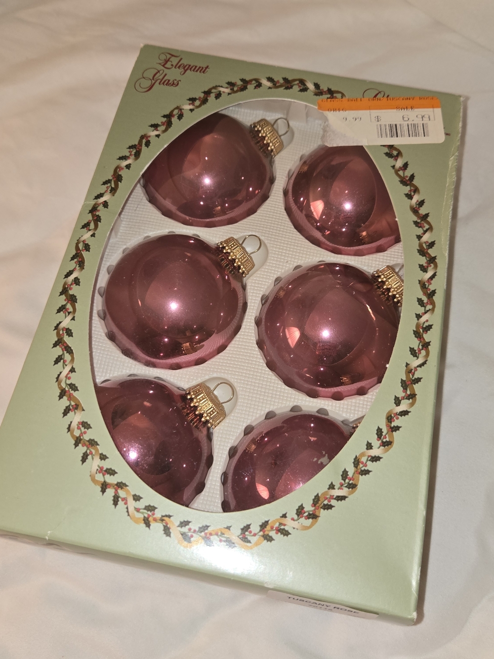 Christmas by Krebs 6 Glass Ornaments Tuscany Rose in Original Box Made in USA